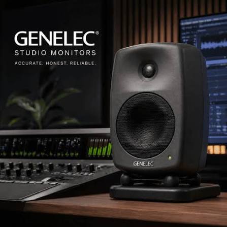 Genelec studio monitor on a mixing desk in a recording studio