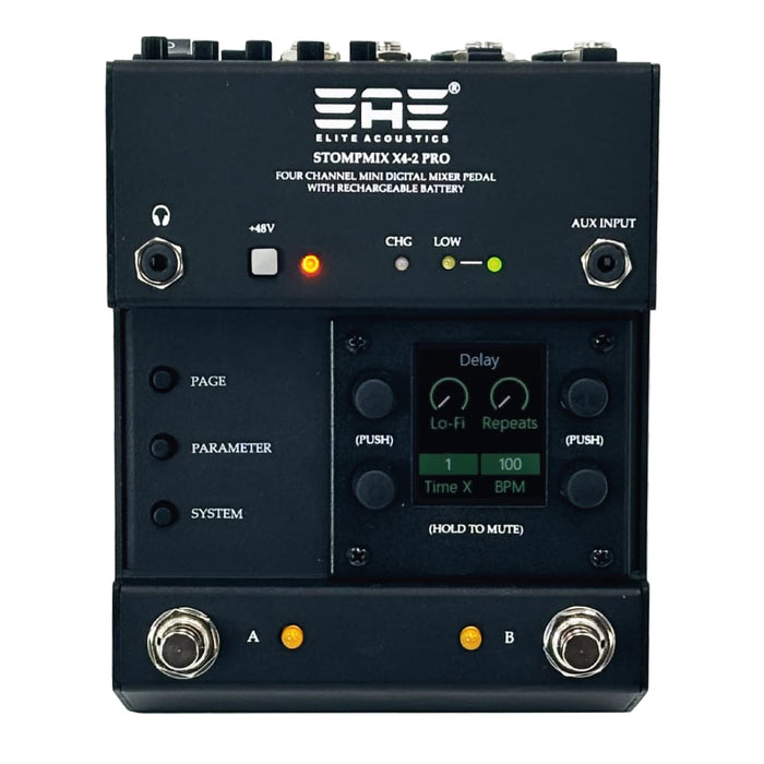 Elite Acoustics | EAE | StompMix 4-2 PRO | Battery Powered 4Ch Digital Mixer Pedal | w/ DSP Gate, Compressor, EQ, Reverb & Delay