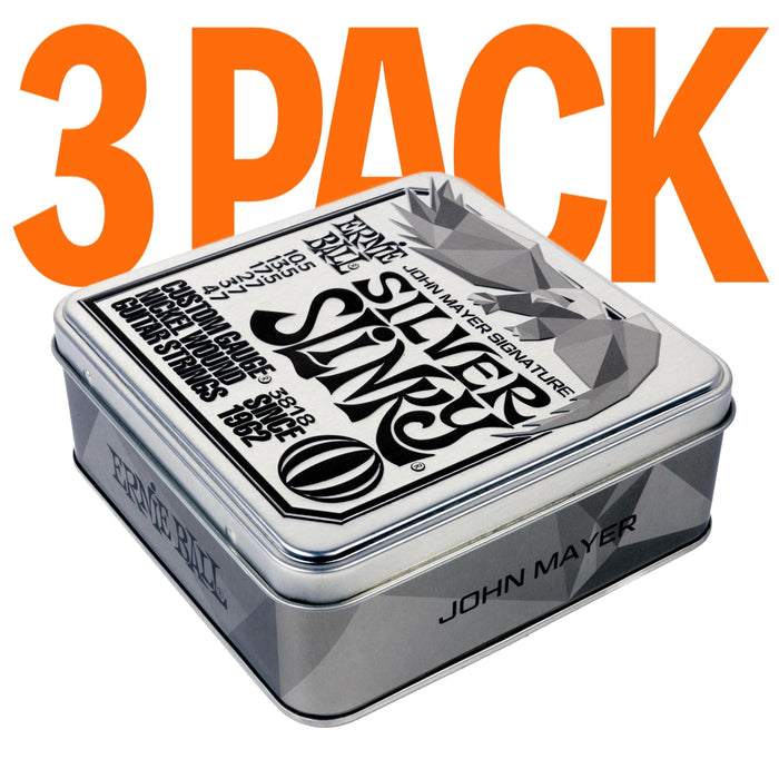 Ernie Ball | John Mayer Silver Slinky 3-Pack TIN | Nickel Wound Electric Guitar Strings | 10.5-47 | P03818