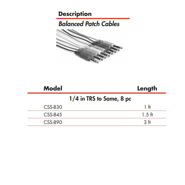 Hosa CSS-830 1/4" TRS to Same Balanced Patch Cables (8-Pack 1ft)