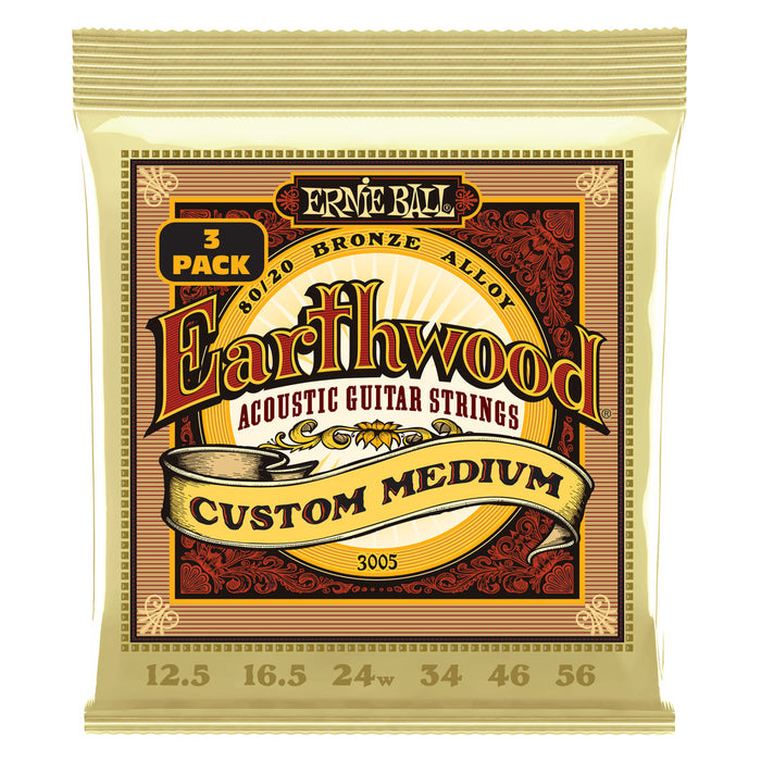 Ernie Ball P03005 Custom Medium Earthwood 80/20 Bronze Acoustic Guitar Strings 12.5-56 Gauge - 3 Pack