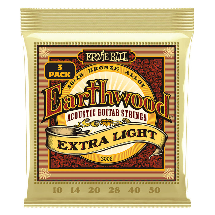 Ernie Ball P03006 Extra Light Earthwood 80/20 Bronze Acoustic Guitar Strings 10-50 Gauge - 3 Pack