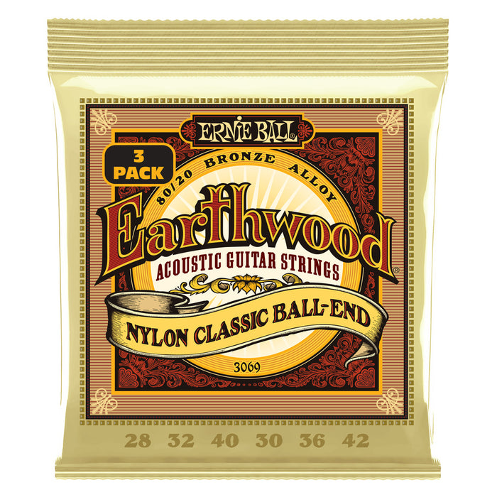 Ernie Ball P03069 Earthwood 80/20 Bronze Nylon Ball End Folk/Classical Guitar Strings - Clear & Gold - 3 Pack