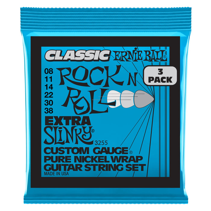 Ernie Ball P03255 Extra Slinky Classic Rock n Roll Pure Nickel Wrap Electric Guitar Strings 8-38 Gauge - 3 Pack
