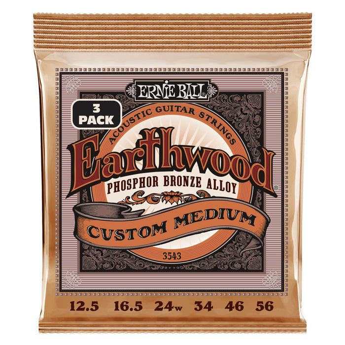 Ernie Ball P03543 Custom Medium Earthwood Phosphor Bronze Acoustic Guitar Strings 12.5-56 Gauge - 3 Pack