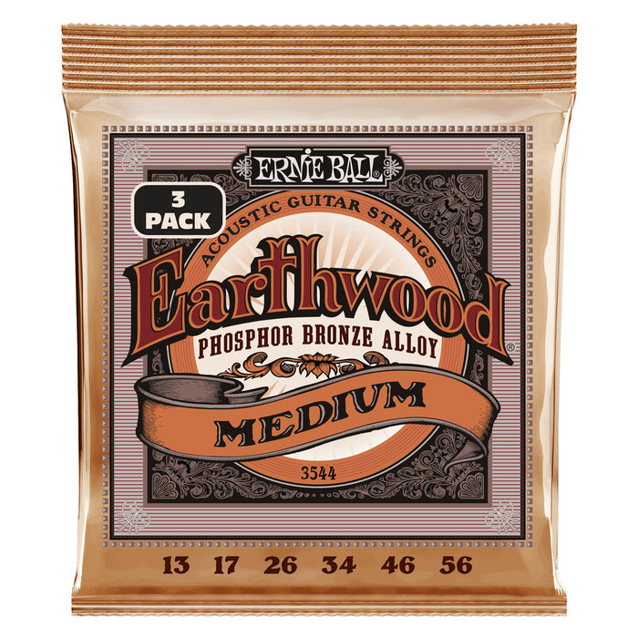 Ernie Ball P03544 Medium Earthwood Phosphor Bronze Acoustic Guitar Strings 13-56 Gauge - 3 Pack