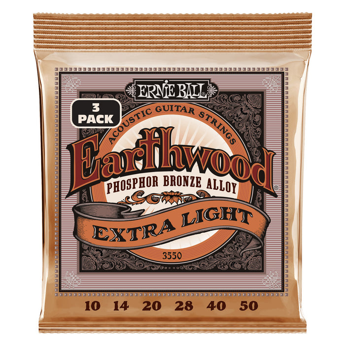 Ernie Ball P03550 Extra Light Earthwood Phosphor Bronze Acoustic Guitar Strings 10-50 Gauge - 3 Pack