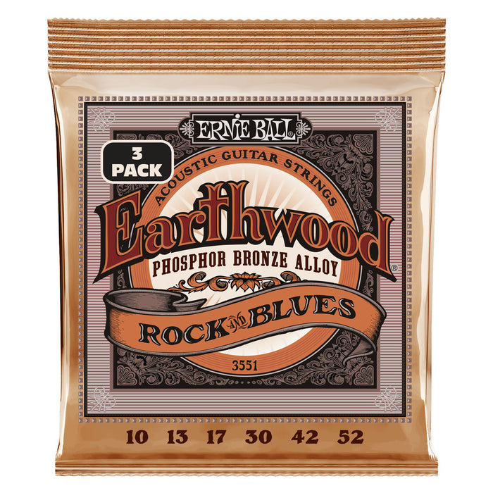 Ernie Ball P03551 Rock and Blues w/Plain G Earthwood Phosphor Bronze Acoustic Guitar Strings 10-52 Gauge - 3 Pack