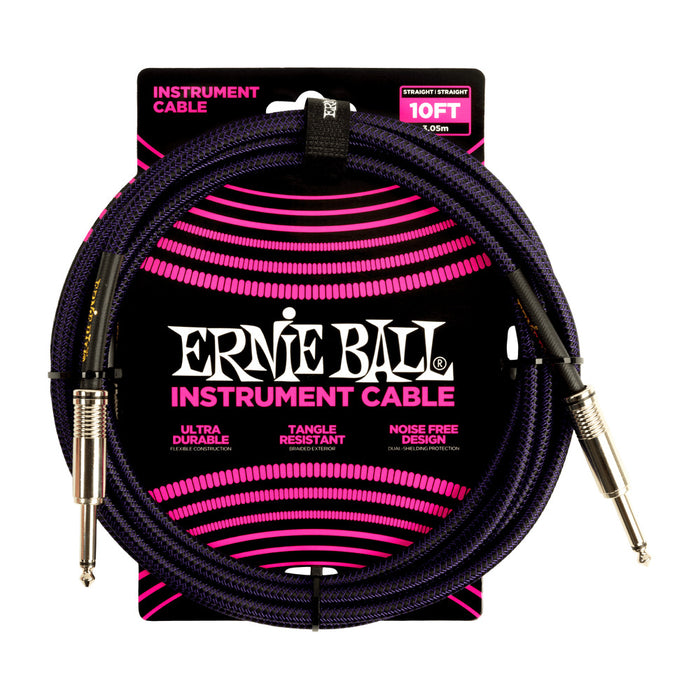 Ernie Ball P06393 Braided Instrument Cable Straight/Straight 10ft - Purple/Black