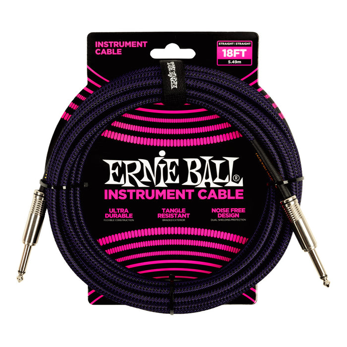 Ernie Ball P06395 Braided Instrument Cable Straight/Straight 18ft - Purple/Black