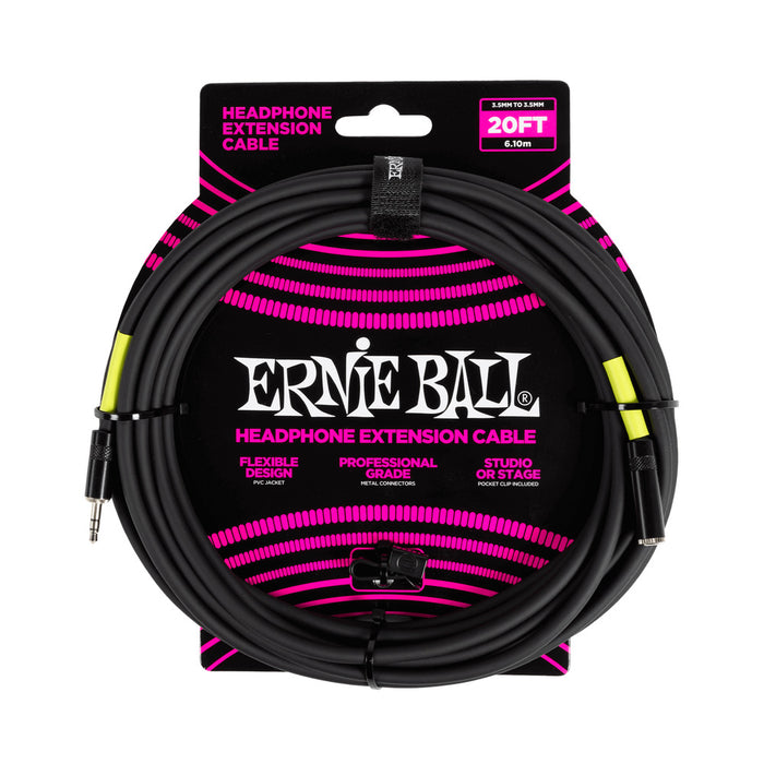Ernie Ball P06425 Headphone Extension Cable 3.5mm to 3.5mm 20ft - Black