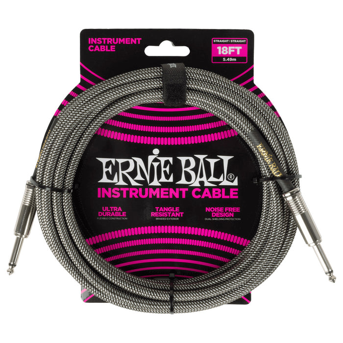 Ernie Ball P06433 Braided Instrument Cable Straight/Straight 18ft - Silver Fox