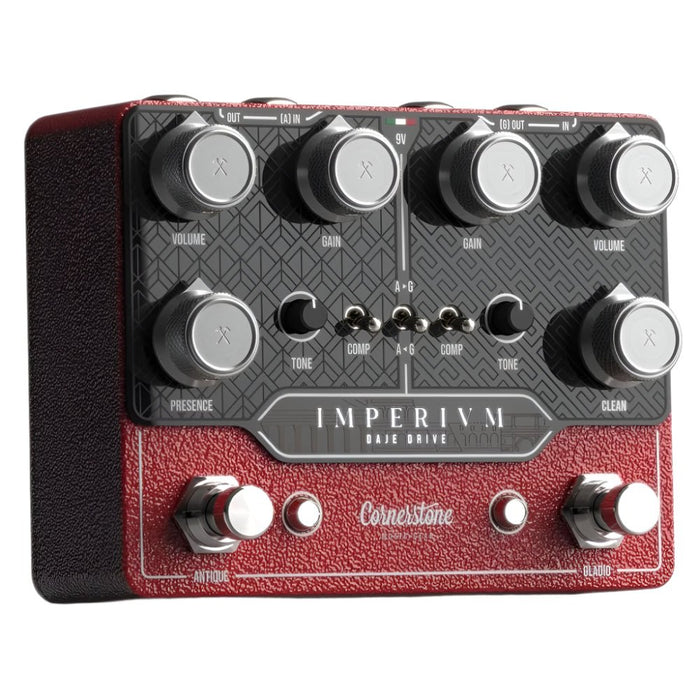 Guitar effects pedal with red and black design on a white background