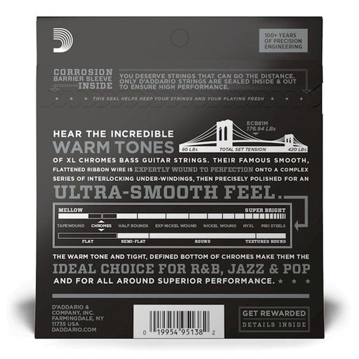 D'Addario ECB81M XL Chromes Flatwound Bass Strings - Medium Scale - Light (45 - 100) (ECB81M) - Gsus4