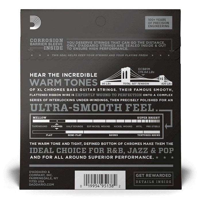D'Addario ECB81M XL Chromes Flatwound Bass Strings - Medium Scale - Light (45 - 100) (ECB81M) - Gsus4