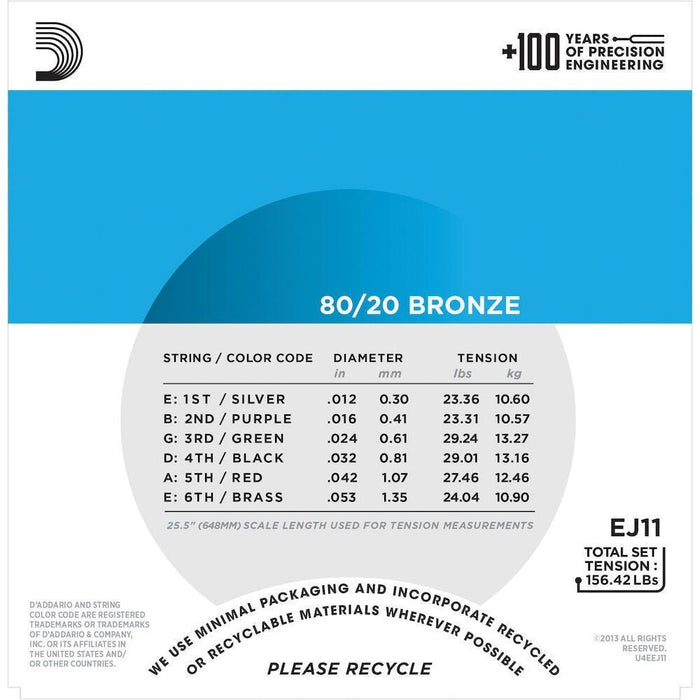 D'Addario EJ11 80/20 Bronze Acoustic Guitar Strings Light 12 - 53 (EJ11) - Gsus4