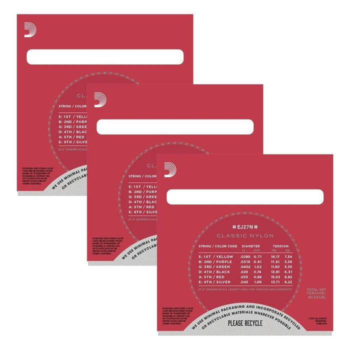 D'Addario EJ27N - 3D Student Nylon Classical Guitar Strings 3 - PACK (Normal Tension) (EJ27N-3D) - Gsus4