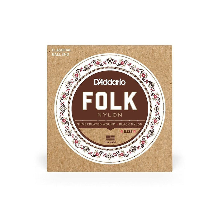 D'Addario EJ32 Folk Nylon Guitar Strings Ball End Silver Wound/Black Nylon Trebles (EJ32) - Gsus4