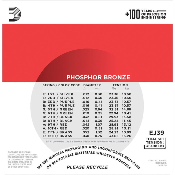 D'Addario EJ39 12String Phosphor Bronze Acoustic Guitar Strings Medium 1252 (EJ39) - Gsus4