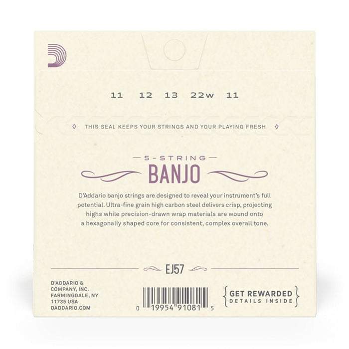 D'Addario EJ57 5 - String Banjo Strings, Nickel Plated Steel Custom Medium, 11 - 22 (EJ57) - Gsus4