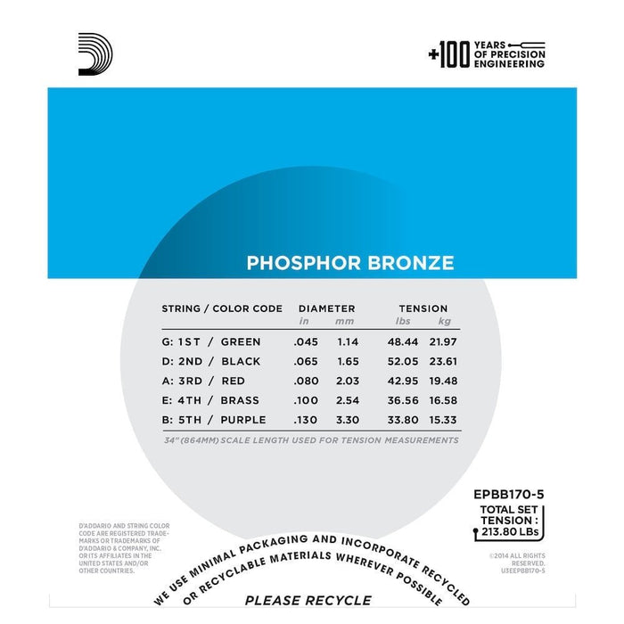 D'Addario EPBB170 - 5 Acoustic Bass 5 - String Regular Light / Long Scale (45 - 130) (EPBB170-5) - Gsus4