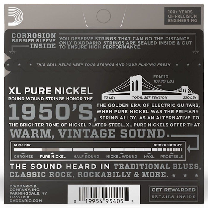 D'Addario EPN110 XL Pure Nickel Electric Guitar Strings - Regular (10 - 45) (EPN110) - Gsus4