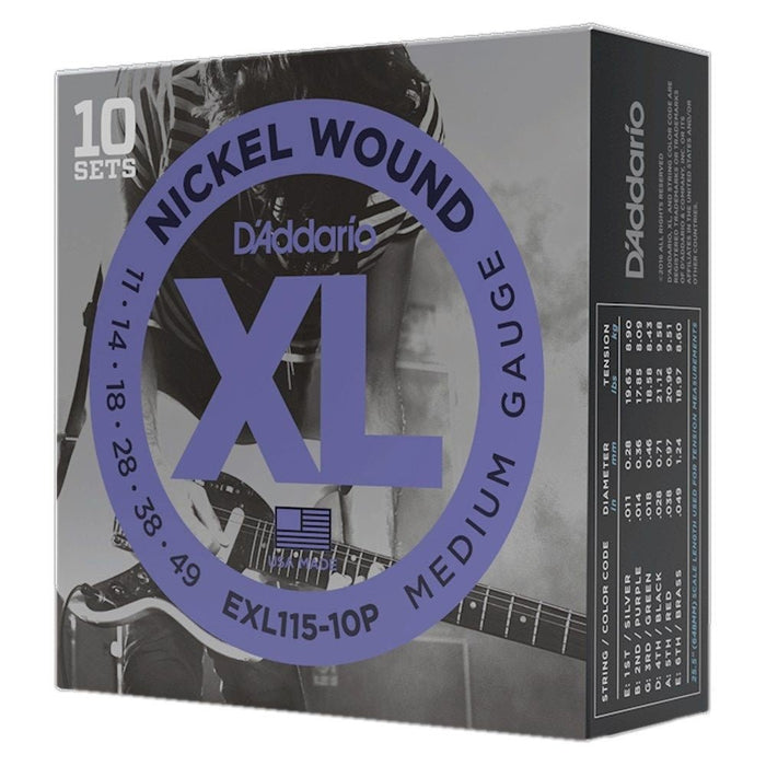D'Addario EXL115 - 10P Nickel Wound Electric Guitar Strings 10 - PACK - Medium (11 - 49) (EXL115-10P) - Gsus4