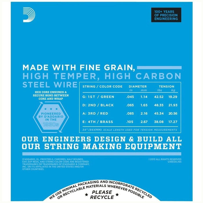 D'Addario EXL165 Nickel Wound Bass Guitar Strings - Long Scale - Custom Light (45 - 105) (EXL165) - Gsus4