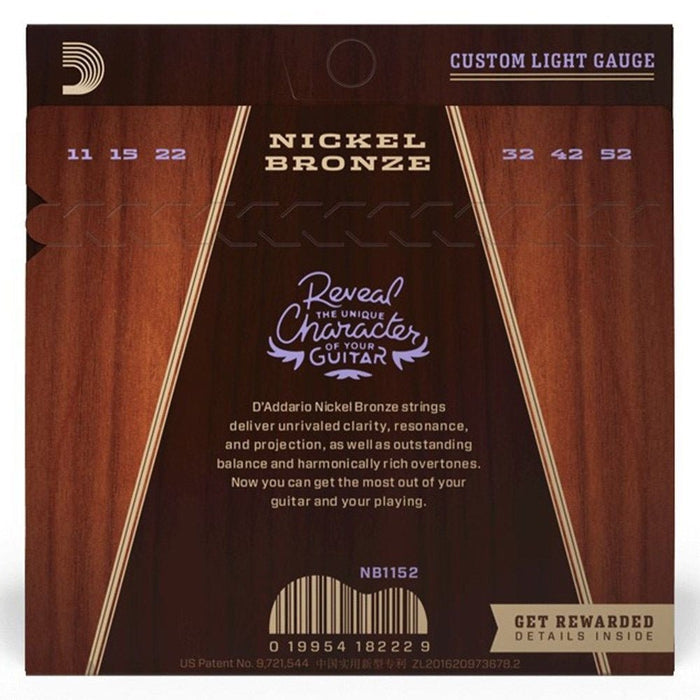 D'Addario NB1152 Nickel Bronze Acoustic Guitar Strings, Custom Light, 11 - 52 (NB1152) - Gsus4