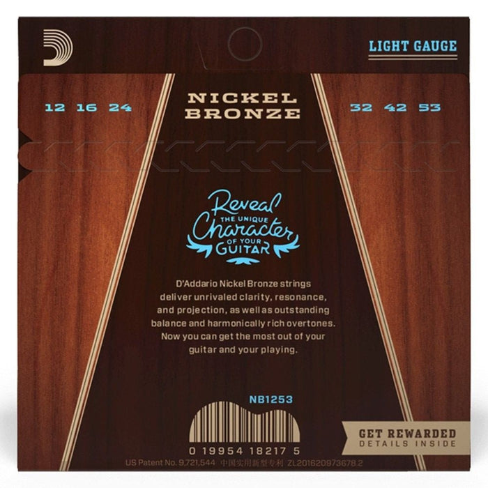 D'Addario NB1253 Nickel Bronze Acoustic Guitar Strings, Light, 12 - 53 (NB1253) - Gsus4