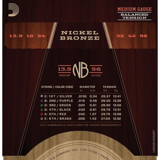 D'Addario NB13556BT Nickel Bronze Acoustic Guitar Strings Balanced Tension Medium 13.5 - 56 (NB13556BT) - Gsus4