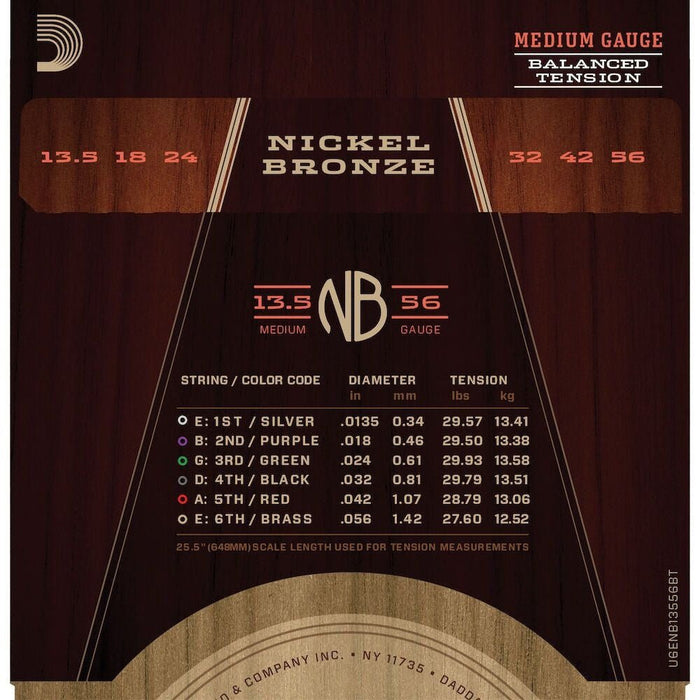 D'Addario NB13556BT Nickel Bronze Acoustic Guitar Strings Balanced Tension Medium 13.5 - 56 (NB13556BT) - Gsus4