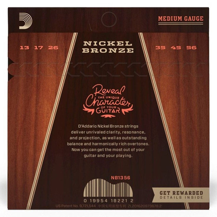 D'Addario NB1356 Nickel Bronze Acoustic Guitar Strings, Medium, 13 - 56 (NB1356) - Gsus4