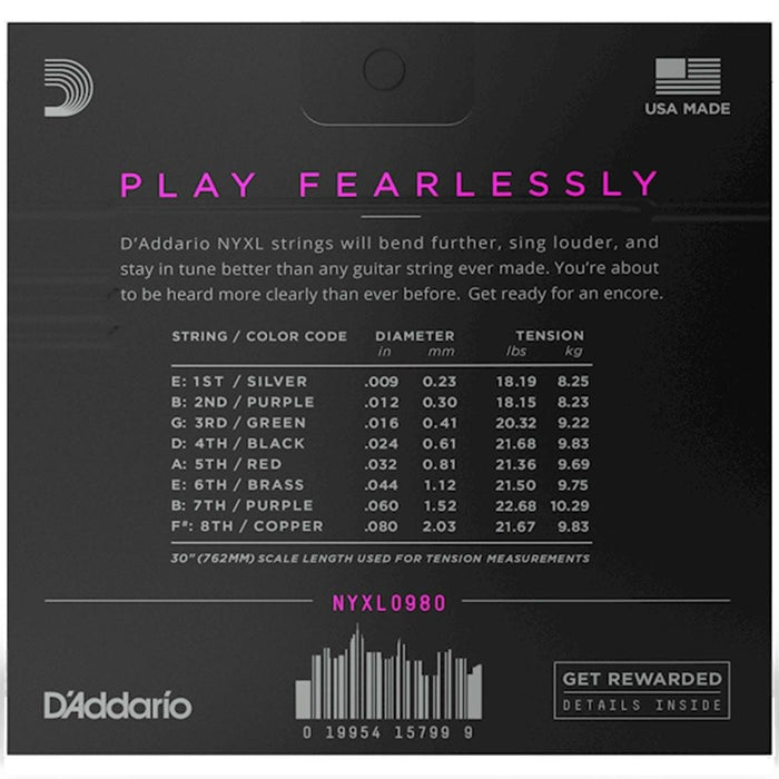 D'Addario NYXL0980 Nickel Wound 8 - String Electric Guitar Strings - Super Light (09 - 80) (NYXL0980) - Gsus4