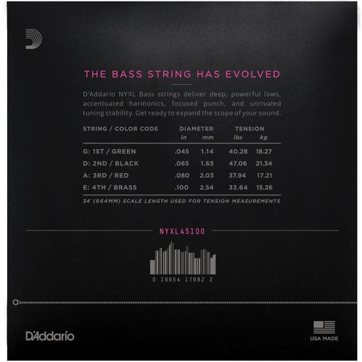 D'Addario NYXL45100 Nickel Wound Bass Guitar Strings - Light Long Scale (45 - 100) (NYXL45100) - Gsus4