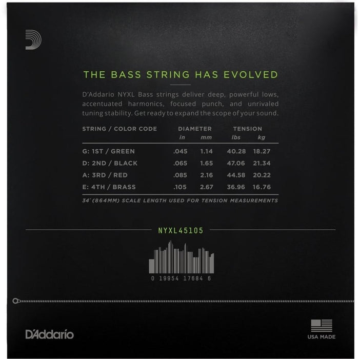 D'Addario NYXL45105 Nickel Wound Bass Strings - Light Top / Med Bottom (45 - 105) (NYXL45105) - Gsus4