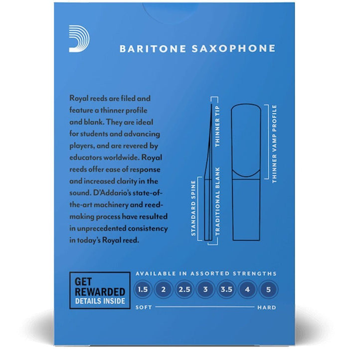D'Addario Rico Royal Baritone Sax Reeds - Strength 2.5 (10 Pack) (RLB1025) - Gsus4