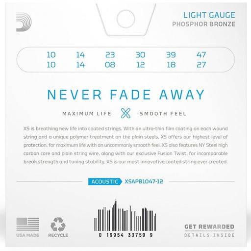 D'Addario XS Coated 12 - String Set Acoustic Phosphor Bronze Strings - Light (10 - 47) (XSAPB1047-12) - Gsus4