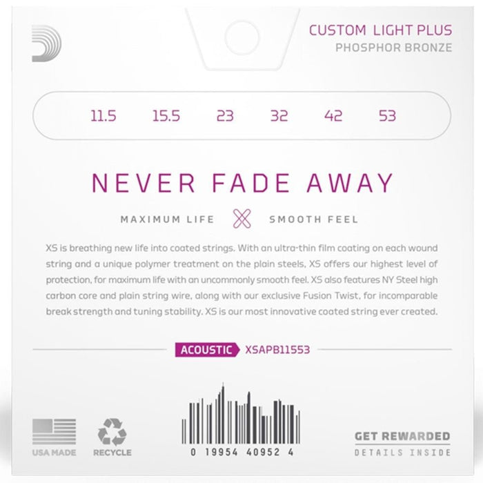 D'Addario XS Coated Acoustic Phosphor Bronze Strings Custom Light Plus Set (11.5 - 53) (XSAPB11553) - Gsus4