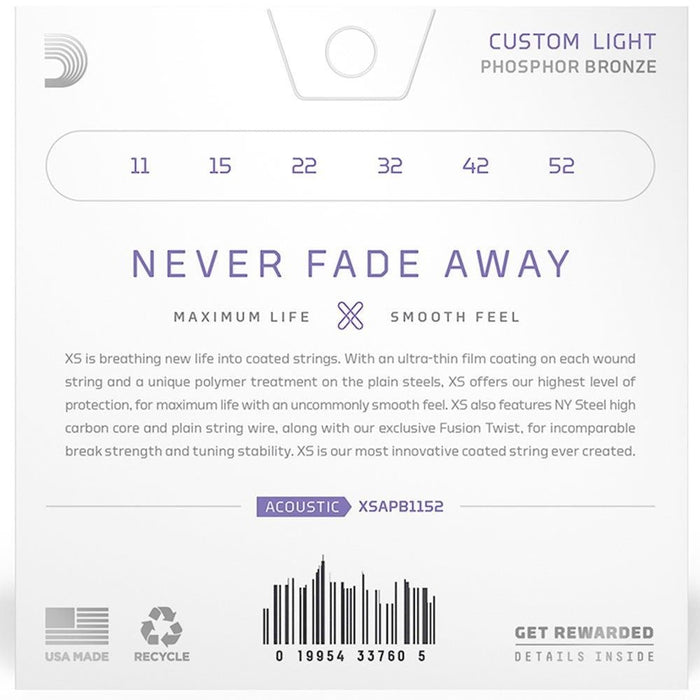 D'Addario XS Coated Acoustic Phosphor Bronze Strings - Custom Light Set (11 - 52) (XSAPB1152) - Gsus4