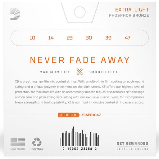 D'Addario XS Coated Acoustic Phosphor Bronze Strings - Extra Light Set (10 - 47) (XSAPB1047) - Gsus4