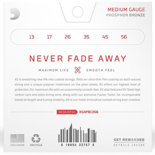 D'Addario XS Coated Acoustic Phosphor Bronze Strings - Medium Set (13 - 56) (XSAPB1356) - Gsus4