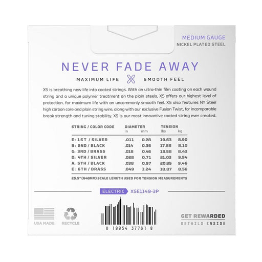 D'Addario XS Coated Nickel Plated Steel Electric 3 - Pack - Medium (11 - 49) (XSE1149-3P) - Gsus4