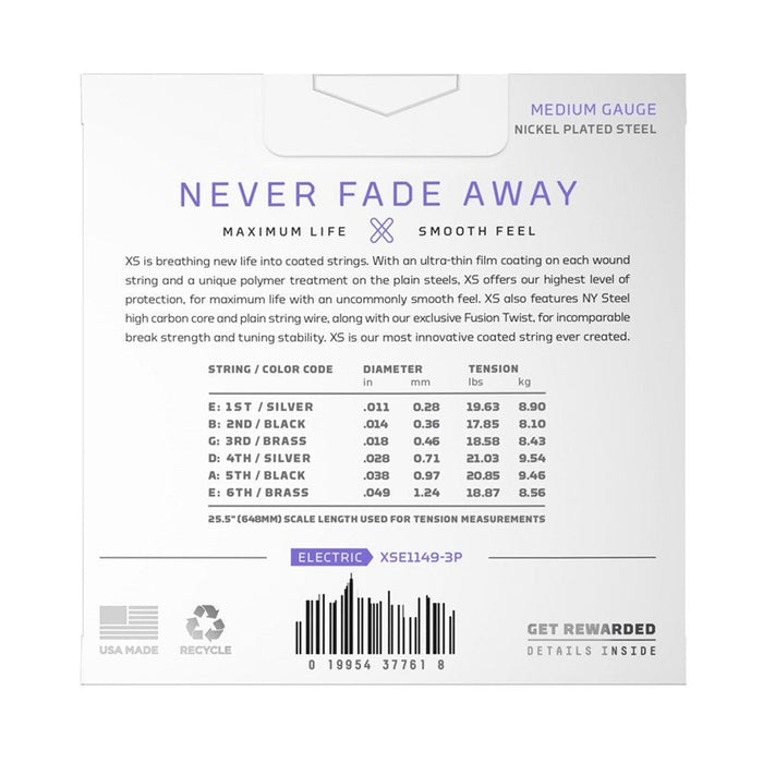 D'Addario XS Coated Nickel Plated Steel Electric 3 - Pack - Medium (11 - 49) (XSE1149-3P) - Gsus4