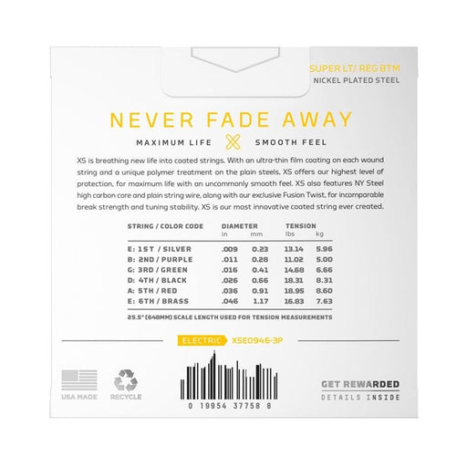 D'Addario XS Coated Nickel Plated Steel Electric 3 - Pack - Sup Lt/Reg (9 - 46) (XSE0946-3P) - Gsus4