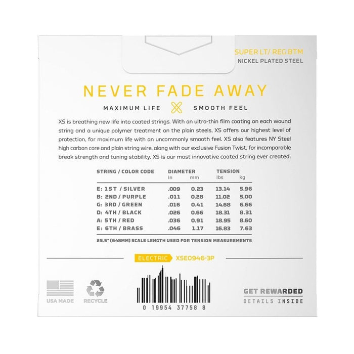 D'Addario XS Coated Nickel Plated Steel Electric 3 - Pack - Sup Lt/Reg (9 - 46) (XSE0946-3P) - Gsus4