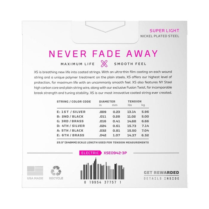 D'Addario XS Coated Nickel Plated Steel Electric 3 - Pack - Super Light (9 - 42) (XSE0942-3P) - Gsus4