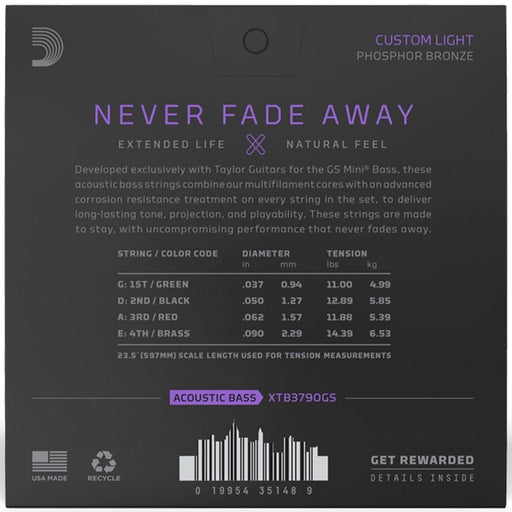 D'Addario XT Custom Light Taylor GS Mini Coated Acoustic Bass Strings (37 - 90) (XTB3790GS) - Gsus4