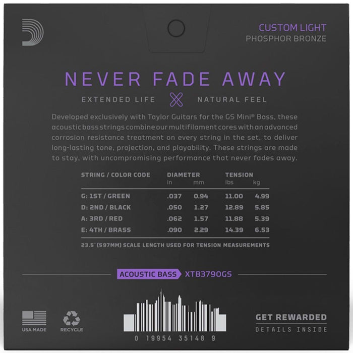 D'Addario XT Custom Light Taylor GS Mini Coated Acoustic Bass Strings (37 - 90) (XTB3790GS) - Gsus4