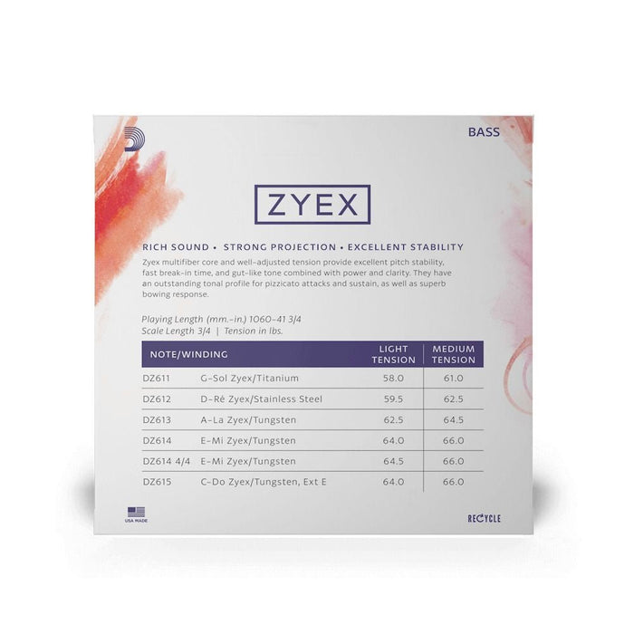 D'Addario Zyex Bass String Set 3/4 Scale Medium Tension (DZ610 3/4M) - Gsus4